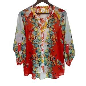 Fig & Flower Sheer Floral Button Up Blouse - Large